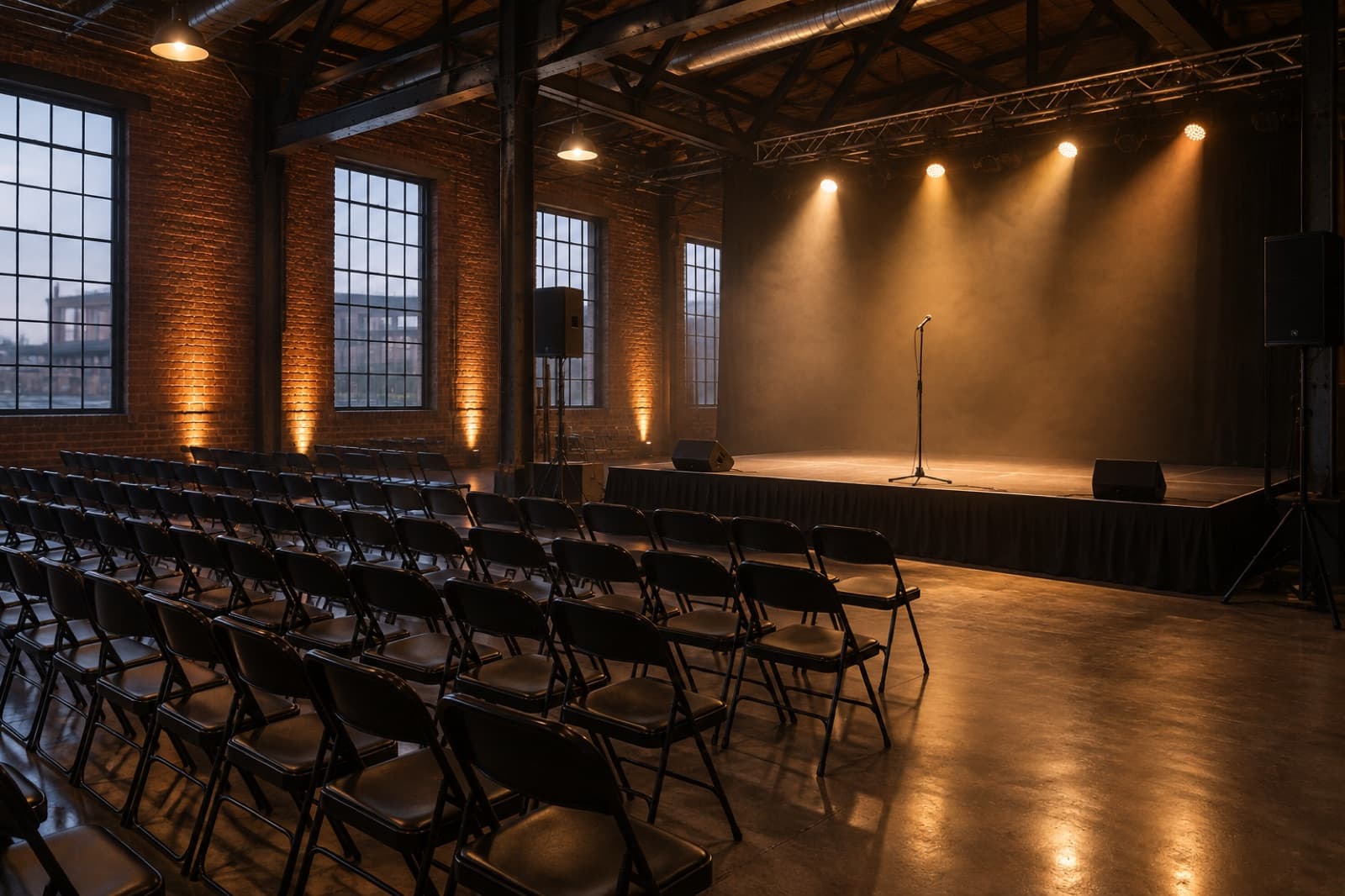 Bühne mit Mikrofon und Stuhlreihen in einer Backsteinhalle