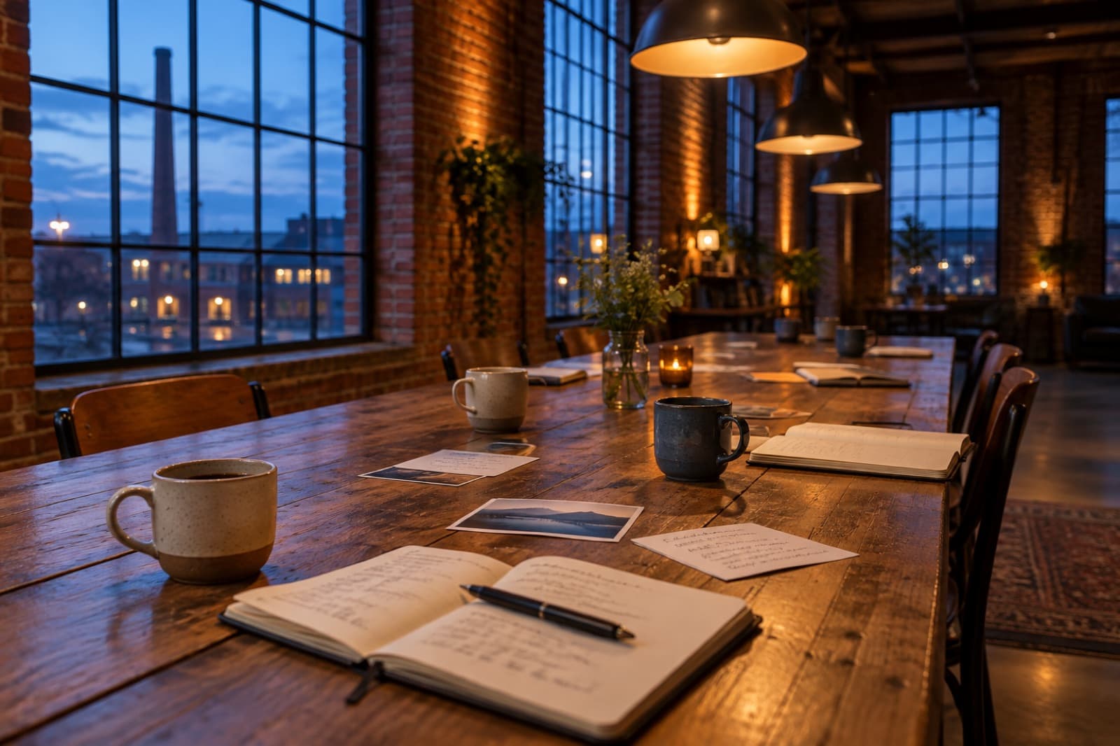 Langer Holztisch mit Notizbüchern und Kaffeetassen in einer Halle am Abend